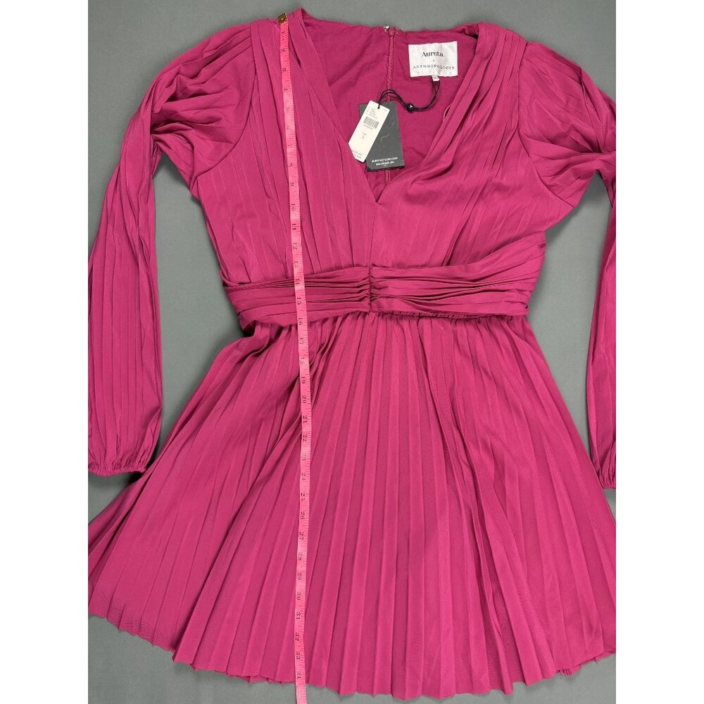 NWT Anthropology x Aureta Pleated Long-Sleeve V-Neck Dress Pink L - Picture 6 of 7